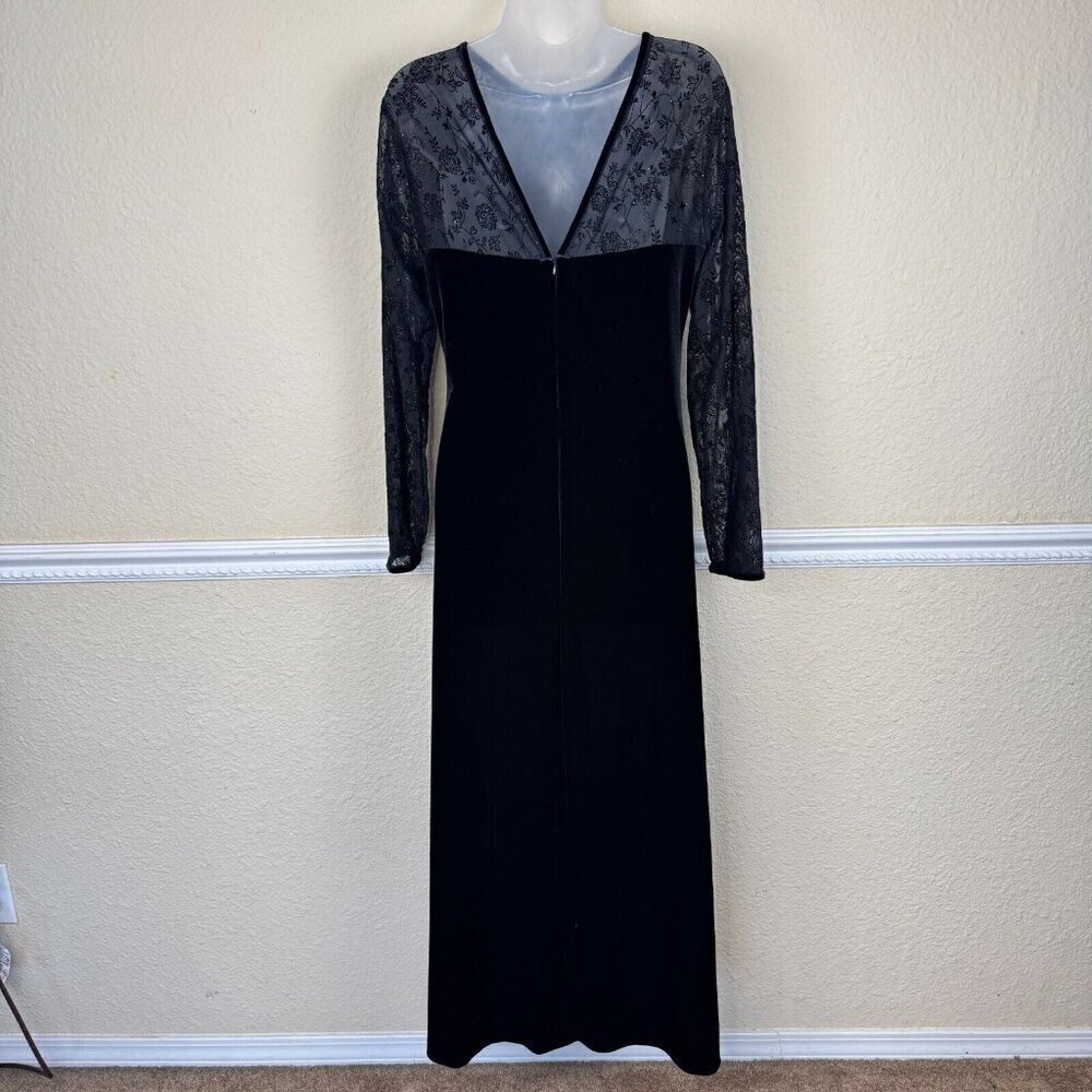 Vintage Black Velvet Maxi Long Dress Sheer Sleeve Whimsigoth Y2K Size 10 - Picture 5 of 11